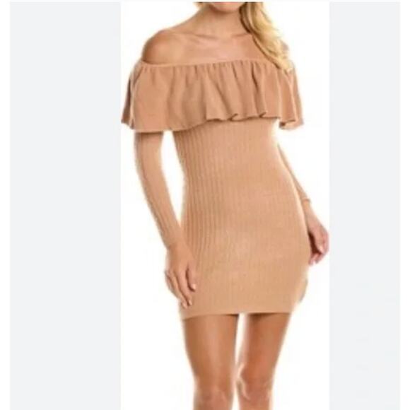 Olivaceous Sweater Dress Long Sleeve Bodycon Cashmere Blend Ruffle Nude Medium - Picture 2 of 5